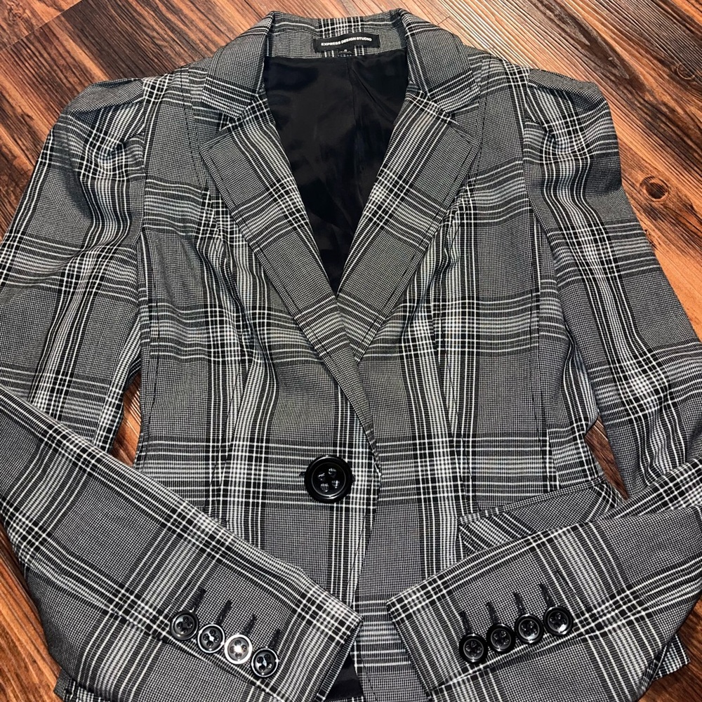 Express Design Studio Plaid Puff Shoulder Fitted Blazer